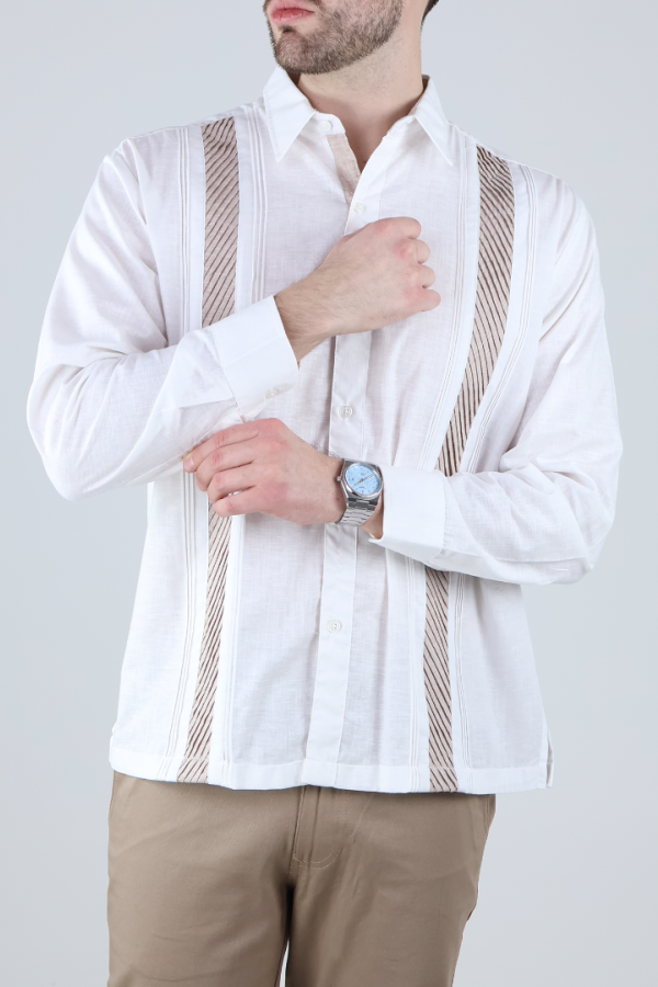 Camisa Guayabera Hombre Manga Larga Con Alforzas Y Contraste En Pecho